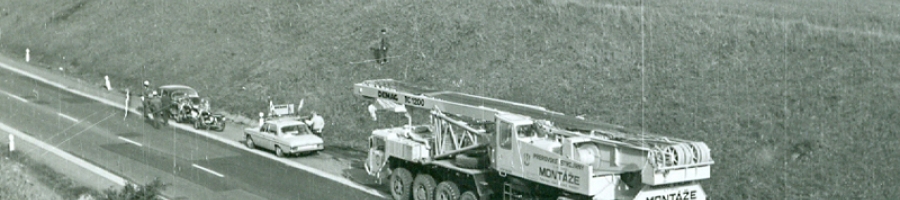 Importation of the new Demag TC 1200 crane to Czechoslovakia over the Rozvadov frontier crossing directly to the first construction site of the Čížkovice cement plant (1974)